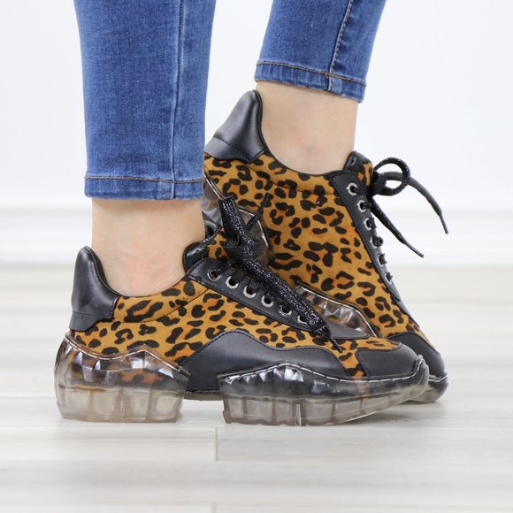Shoes - Animal Leopard Print Women's Fashion Chunky Heel Sneakers Shoes